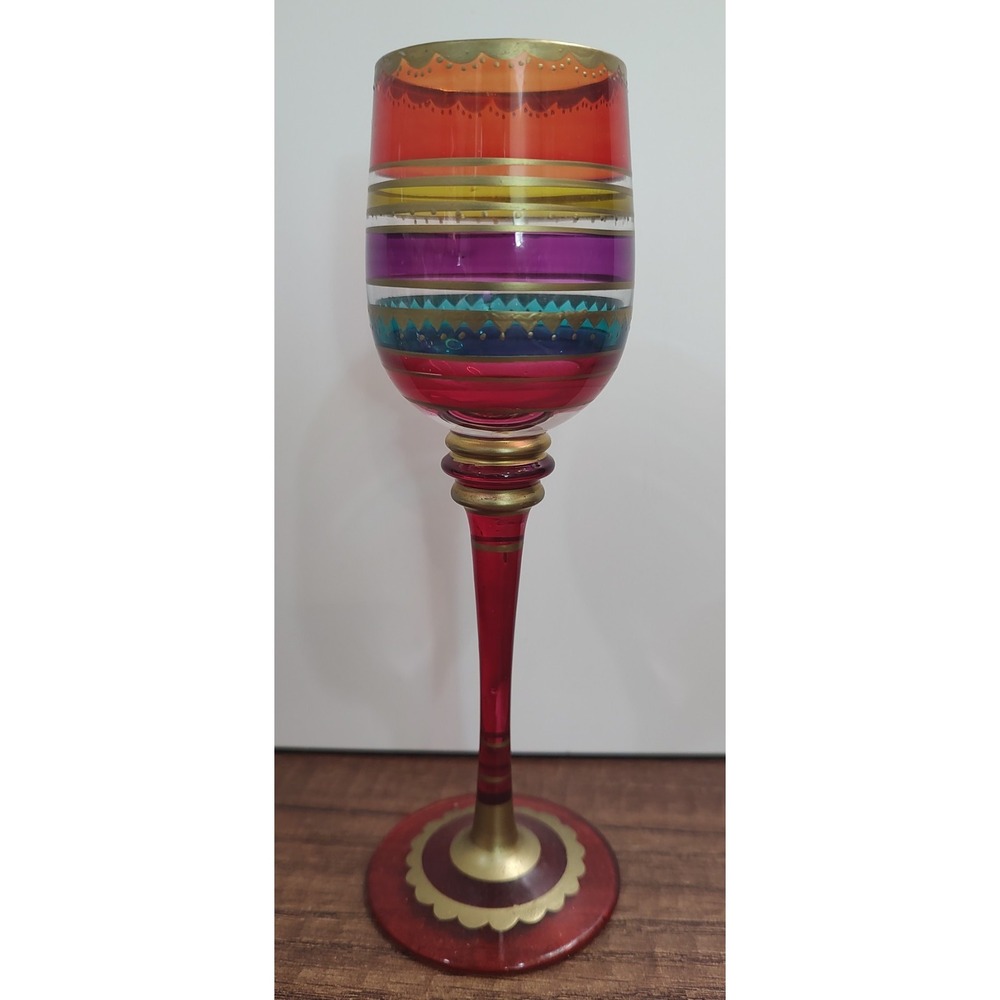 Pier 1 Festive Stripe Cordial Glass Red Gold Accents Striped Pattern 7"